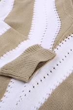 New Khaki Striped Colorblock V Neck Knitted Sweater