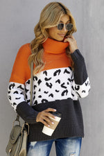 Orange Color Block Turtleneck Splicing Chunky Knit Pullover Sweater