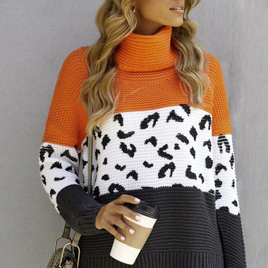 Orange Color Block Turtleneck Splicing Chunky Knit Pullover Sweater