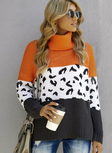 Orange Color Block Turtleneck Splicing Chunky Knit Pullover Sweater