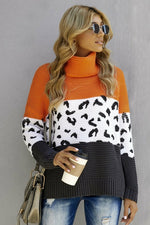 Orange Color Block Turtleneck Splicing Chunky Knit Pullover Sweater