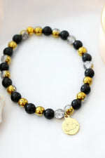 Obsidian Elastic Bracelet | 24K Lotus Flower Charm