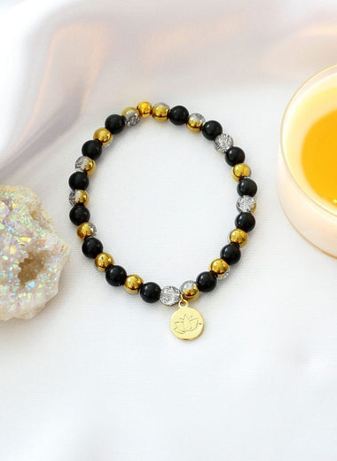 Obsidian Elastic Bracelet | 24K Lotus Flower Charm