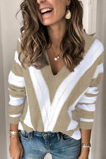 New Khaki Striped Colorblock V Neck Knitted Sweater