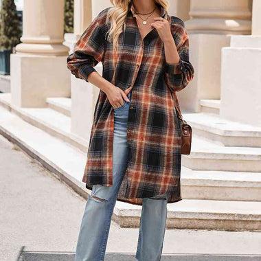 Plaid Collared Neck Long Sleeve Coat