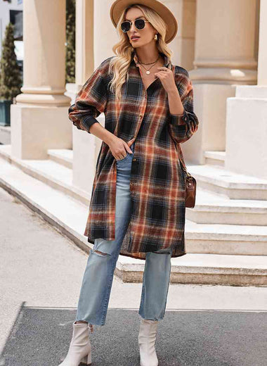 Plaid Collared Neck Long Sleeve Coat