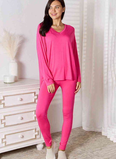 Basic Bae Full Size V-Neck Soft Rayon Long Sleeve Top and Pants Lounge Set