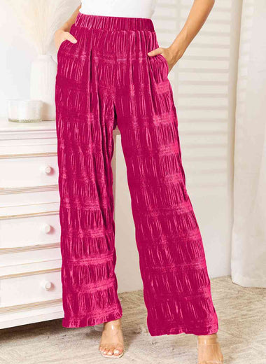 Double Take Full Size High Waist Tiered Shirring Velvet Wide Leg Pants