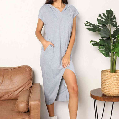 Double Take Short Sleeve Front Slit Hooded Dress