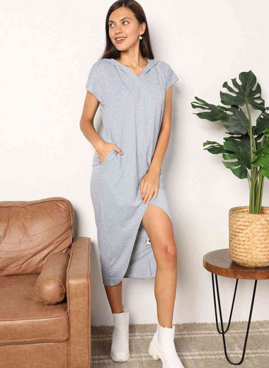 Double Take Short Sleeve Front Slit Hooded Dress