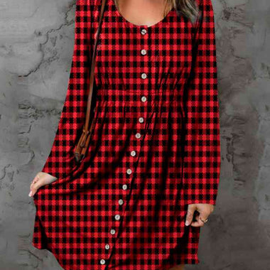 Full Size Plaid Round Neck Long Sleeve Magic Dress