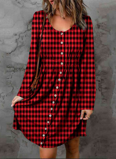 Full Size Plaid Round Neck Long Sleeve Magic Dress