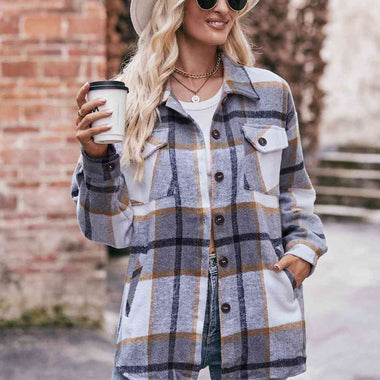 Plaid Long Sleeve Shirt Jacket with Pockets