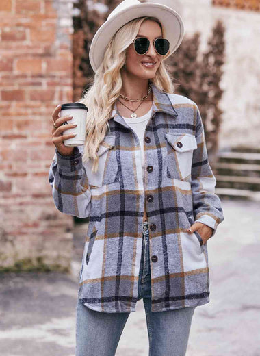 Plaid Long Sleeve Shirt Jacket with Pockets