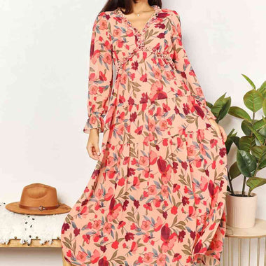 Double Take Floral Frill Trim Flounce Sleeve Plunge Maxi Dress