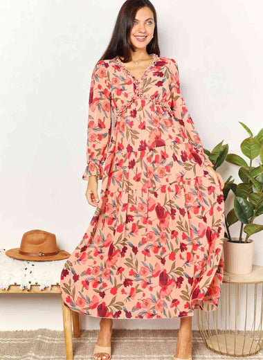 Double Take Floral Frill Trim Flounce Sleeve Plunge Maxi Dress