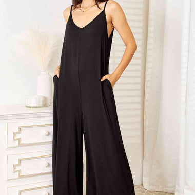 Double Take Full Size Soft Rayon Spaghetti Strap Tied Wide Leg Jumpsuit