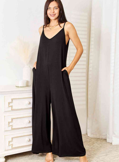 Double Take Full Size Soft Rayon Spaghetti Strap Tied Wide Leg Jumpsuit